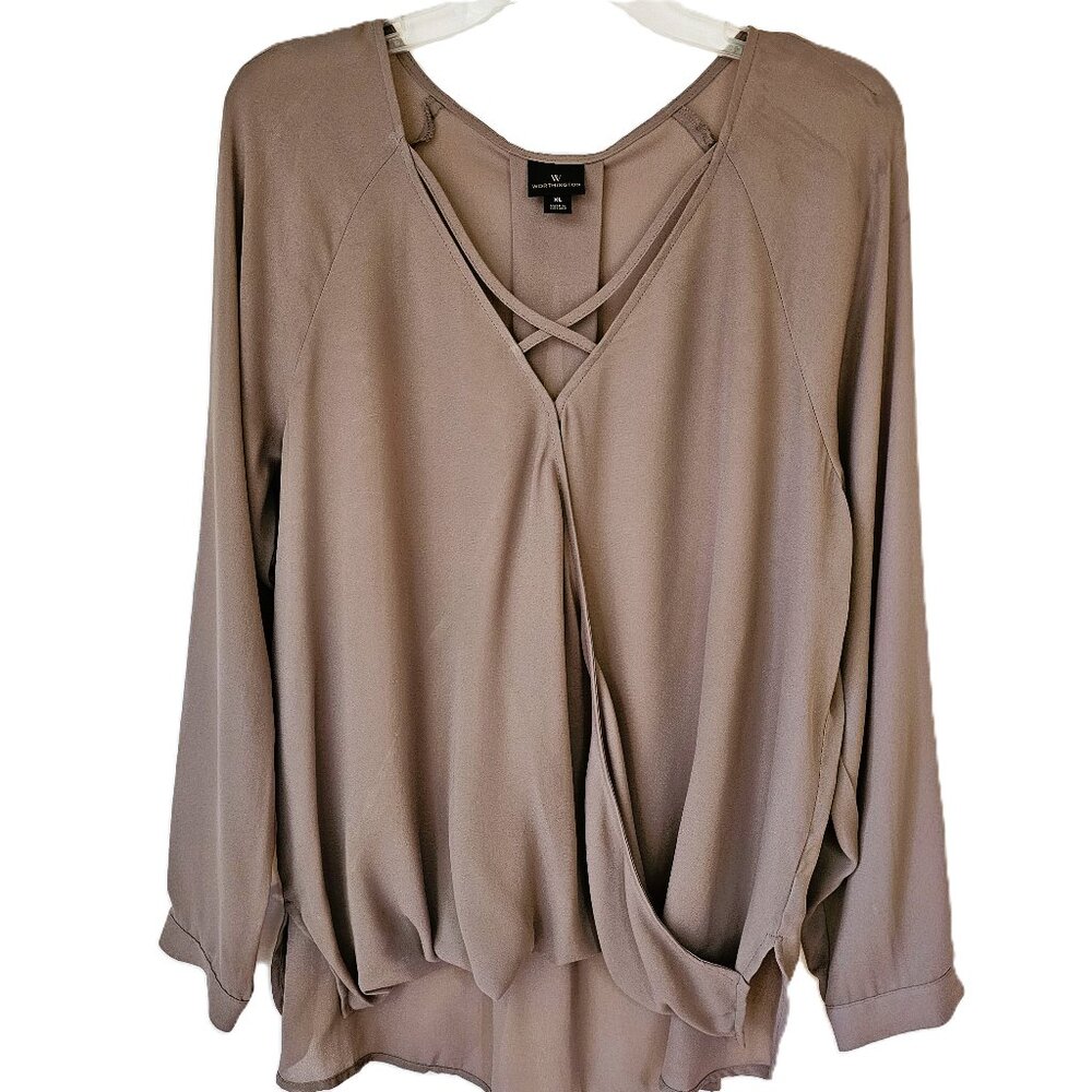 Worthington Crossover Blouse – Mauve/Beige - Lightweight & Flowy - Size XL
